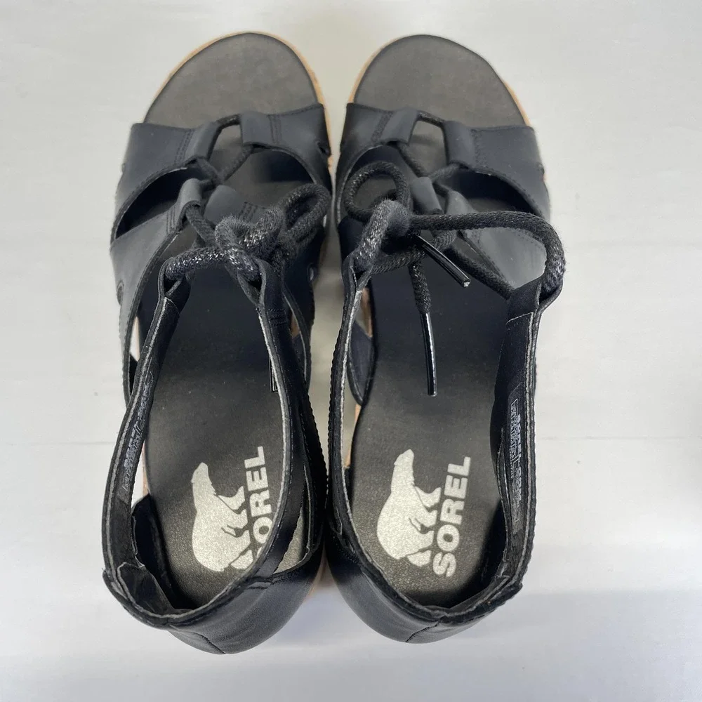 Sorel Cameron Flatform Wedge Sandals Womens Size 9.5 Black Leather Strappy Shoes